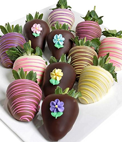 Belgian Chocolate Covered Strawberries - 12pc Elegant Flowers - Milk, Dark & White Gift Box - Thumbnail 4