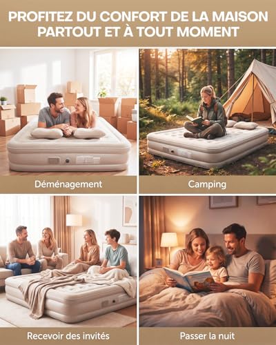 Double Inflatable Mattress 203 x 152 x 40 cm, 40 Air Chambers, Soft Flocked Surface, Maximum Load 300 kg, Inflatable Mattress with Carry Bag and 2 Pillows, Ideal for Guests at Home, Camping, Khaki