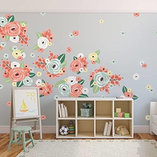 UrbanWalls 29PCS Wall Stickers, Vinyl Self-adhesive Wall Decal Wallpaper Home Décor - Removable and Water Resistant for Bedroom,Living Room: Half Order Multicolored Green and Orange Graphic Flowers