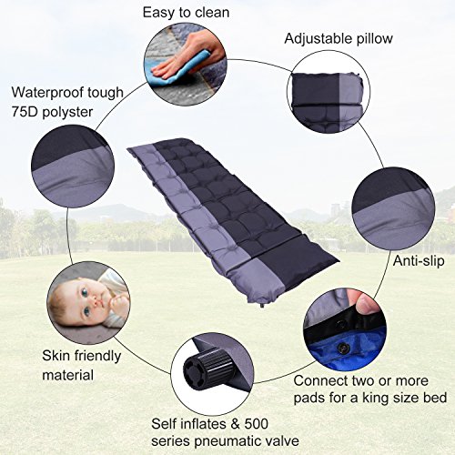 OUTCAMER Camping Pad with Attached Pillow, Self Inflating Sleeping Pad, Lightweight Inflatable Foam Padding Sleeping Mat for Camping Backpacking Hiking