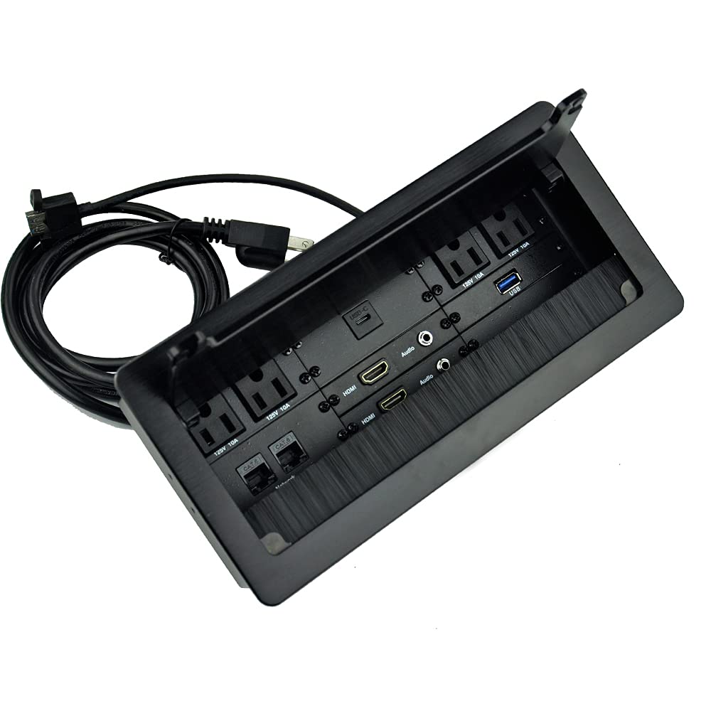 Photo 1 of Tabletop Multimedia Connectivity Box with 4 AC Power+2 HDMI+2 RJ45+1 USB3.0 Port +1 USB-C +2 Audio with 5.58ft Power Cord for Conference Room(Black)