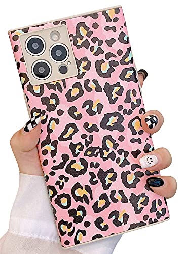 KERZZIL Colorful Rectangle Leopard Compatible with iPhone 12 Case, Luxury Cool PU Leather Cheetah Case for Women & Girls Slim Soft Silicone TPU Bumper Cover Shockproof Protective Cases (Pink)