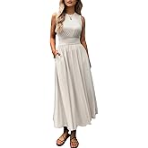 Evzeiem Women's Sleeveless Summer Maxi Dress Crewneck Casual Swing Pleated Long Dresses with Pockets