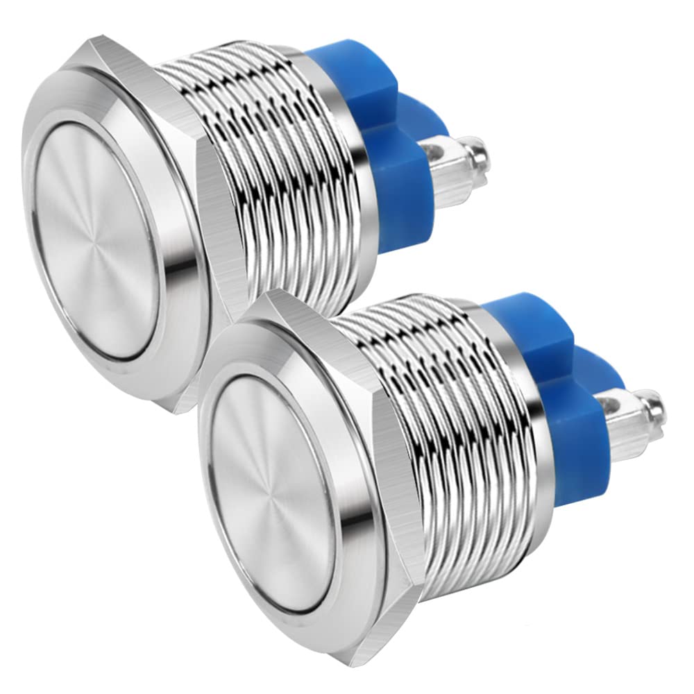 Gebildet 2pcs 22mm 12V/24V/125V/250V/2A Momentary Push Button Screw Type Terminals Stainless Steel Metal Waterproof Button with 2 Screw Terminals Stainless Steel(Flat Head)