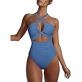 Hilor Women's One Piece Swimsuit Sexy Cutout Halter Bathing Suits Crossover High Cut Monokini Swimwear