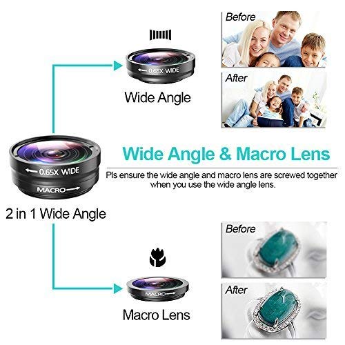 Phone Camera Lens, 4 in 1 Cell Phone Lens kit, 12x Telephoto Lens + 0.65x Wide Angle Lens + Macro Lens + Fisheye Lens,Clip-On Lenses for iPhone Android Smartphone with Tripod+Shutter Remote