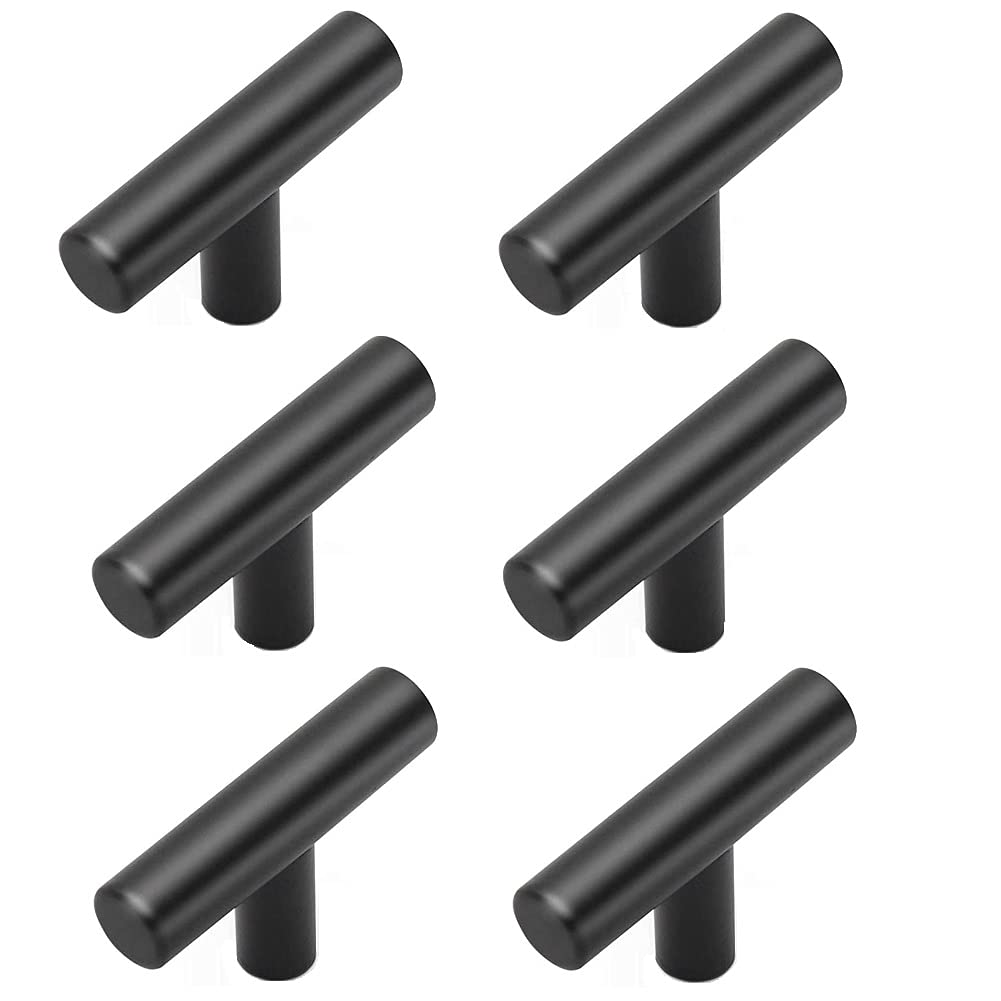 ANSIEDIO 6 Pack Single Hole Kitchen Door Handles Stainless Steel Black Cabinet Handles Cupboard Handles T Bar Pulls (Screws Included)