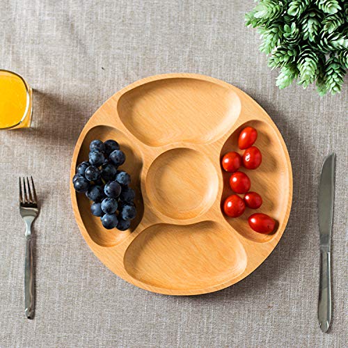 Best Wood Divided Serving Tray 11 inch Round Dessert Chip and Dip Dish Sandwich Appetizer Section Plates Compartment Cheese Platter