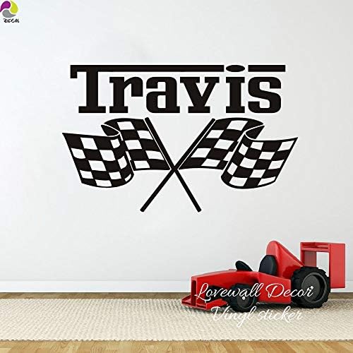 PPL21 (Leave a Message of Custom Information) Custom Racing Car Flag Name Wall Sticker Boy Room Kids Room Personalized Checkered Flags Race Theme Name Wall Decal Vinyl Decor 1 PCs