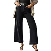 MIFJNF Oprah's Favorite Women's High Waisted Tummy Control Sailor Wide Leg Trouser Cropped Wide Leg Baggy Stretchy Denim Jean (Black,Large,Large)