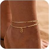 Tasiso Initial Ankle Bracelets for Women，Layered Waterproof Anklet for Women 14K Gold Filled Anklets Layering Thin Figaro Letter Anklet Summer Jewelry Gifts for Women