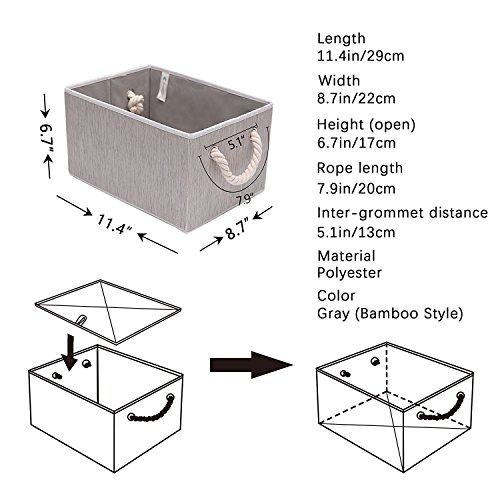 StorageWorks Polyester Storage Box with Strong Cotton Rope Handle, Foldable Basket Organizer Bin, Gray, Bamboo Style, Medium, 3-Pack - Thumbnail 5