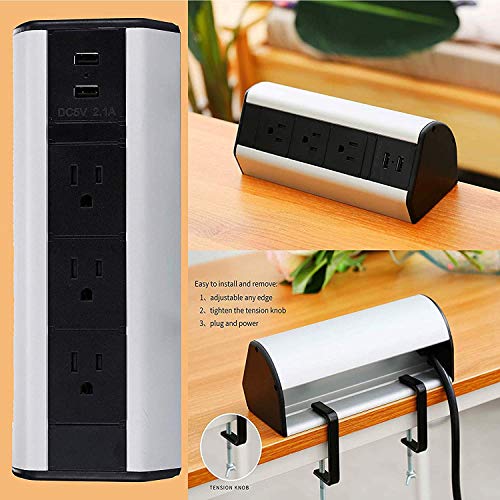 BTU Desk Clamp Power Strip, Desktop Power Outlet Clamp Mount with 2 USB