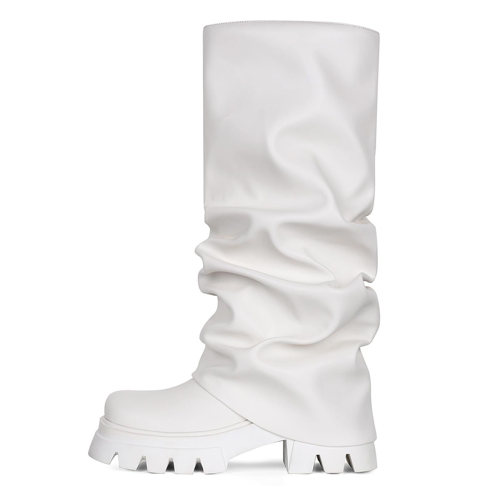 Photo 1 of ** very used** VOMIRA Slouchy Boots for Women Fold Over Boots Round Toe Stacked Heel Pleated Pull-on Wide Calf Boots Chunky Platform Boots Mid Calf White Boots, 9.5