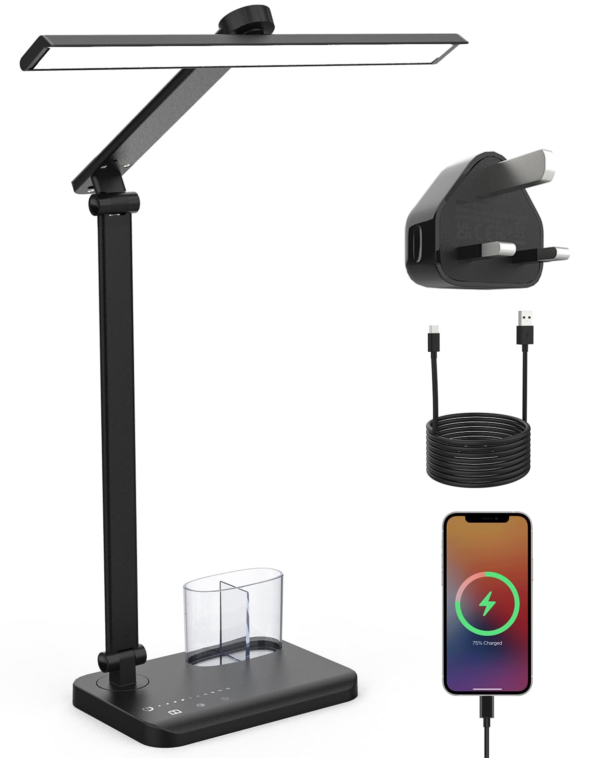 LONGTOO Desk Lamp, Eye-Caring Table Lamp, Dimmable Reading Lamp with USB Charging Port, 5 Brightness Levels 5 Colour Modes, Touch Control Desk Light for Office Bedroom Reading Work Study