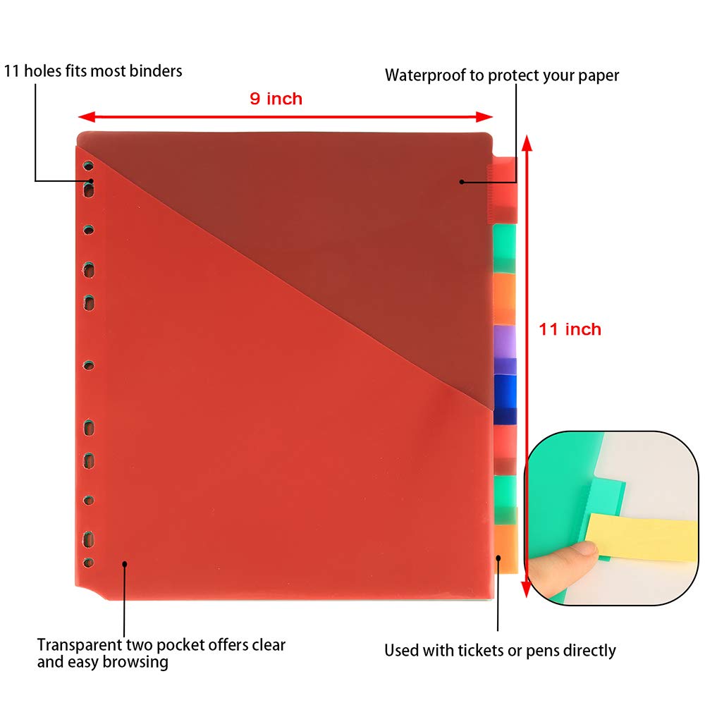 Binder Dividers w/Two Pocket Binder Index Dividers 8-Tab Set Pack of 3 Sets Multicolor Tab dividers Plastic Binder Dividers with Tabs