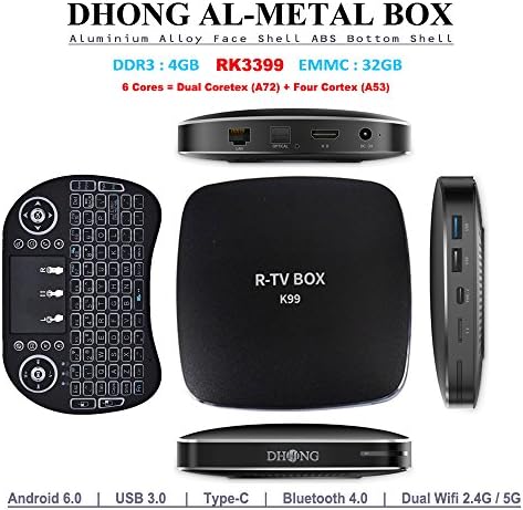 DHong K99 TV Box + Mini Fly Mouse Backlight Keyboard, RK3399 4GB RAM 32GB ROM Android 6.0 Bluetooth 4.0 Dual Wifi Type-C 4K Smart Media Player