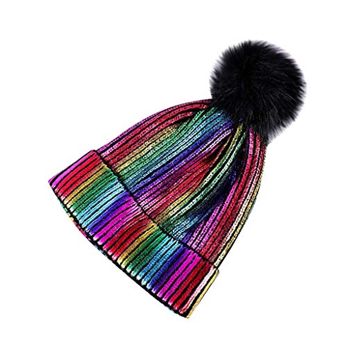 Fashion Glitter Knit Hat with Pom Pom,Crytech Trendy Unisex Glittering Slouchy Baggy Wool Knitted Cable Cuffed Beanie Cap Winter Warm Stylish Knitting Skull Snow Ski Hat for Women Men (E)
