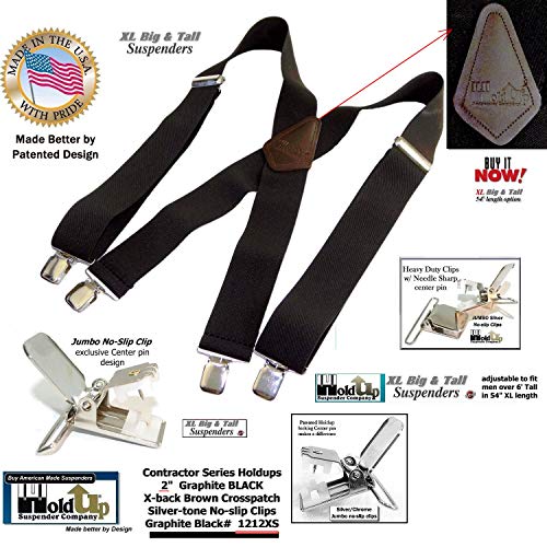 Holdup Suspender Company Brand 2" Wide XL Graphite Black Work Suspenders with Patented Silver Tone Jumbo No-slip Clips