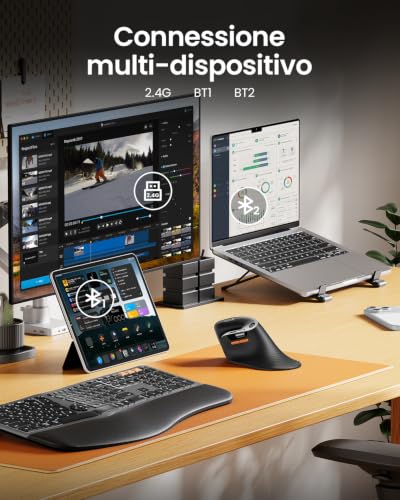 ProtoArc EM11 Pro Mouse Ergonomico Verticale con Rotella di Scorrimento Orizzontale | Pulsante Personalizzabile, 2*Bluetooth + 2,4 G Wireless, Ricaricabile, per PC da Ufficio, Mac, Windows, Linux