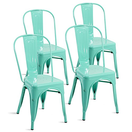 Merax Set of 4 Metal Chairs Stackable Dining Room Chairs for Indoor/Outdoor Use (Bluish Green)