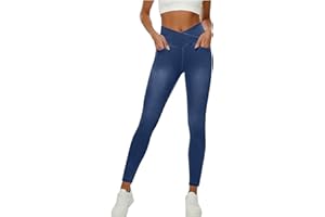 Stretchy Jeans for Women Tummy Control Butt Lifting Leggings with Pockets Crossover Waisted Pull on Denim Pants