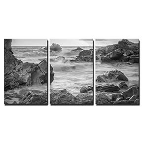 3 Piece Canvas Wall Art - a Black and White Shot Looking Out to The Pacific Ocean. - Modern Home Art Stretched and Framed Ready to Hang - 16"x24"x3 Panels