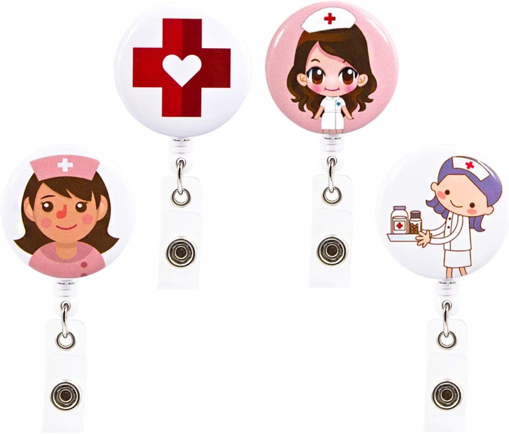 Ascrafter Cute Nurse Retractable Badge Holder Clip, ID Name Card Badge Reel Alligator Clip, 4 Pack