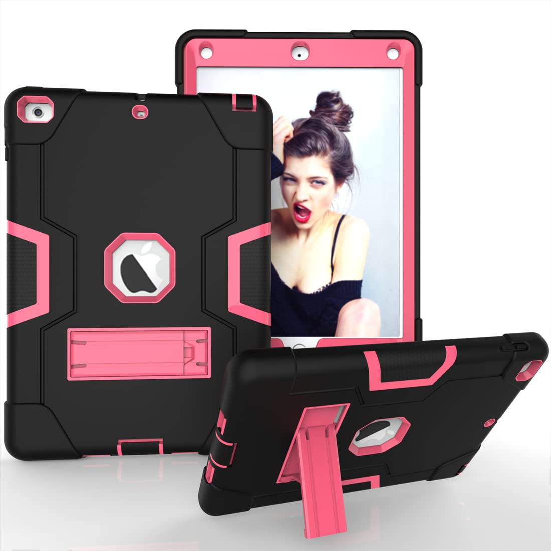 iPad 6th Generation Case, iPad Case 5th Generation, iPad 9.7 Case, Hybrid Shock Rugged Drop Protection Cover with Kickstand for iPad 9.7 inch Black+Rose