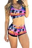 Bandage Print Sport Bathing Suit Print Boyleg High Neck Crop Top Bikini Swimsuit