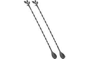 AnSaw 10-Inch Leaf Handle Bar Spoon,2-Pieces Long Handle Cocktail Mixing Stirrers,Stainless Steel,Black