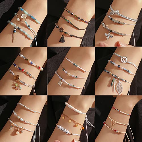 DDRICH 3 Pcs String Bracelet Handmade Braided Rope Charms Boho Seed Beads Surfer Bracelet for Women Girls (Leaf)