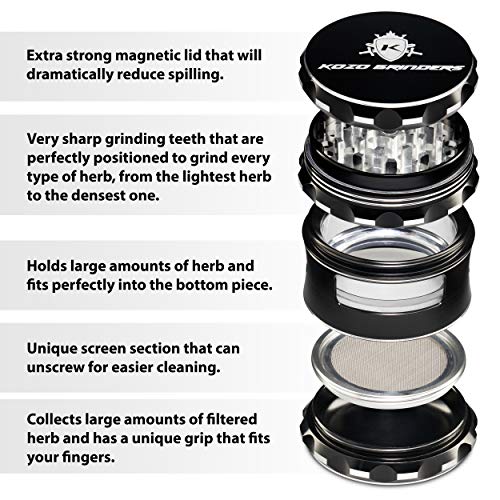 Kozo Best Herb Grinder [Upgraded Version]. Large 4 Piece, 2.5" Black