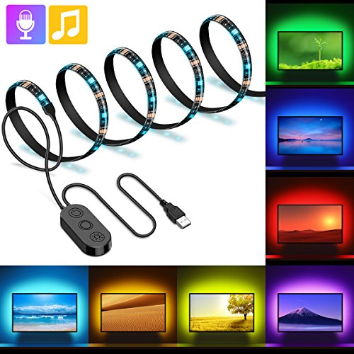 MINGER TV LED Strip Lights 6.56ft, 5050 LED TV Backlight Strip, USB Music TV Backlighting Built-in MIC, Changing Color Strip Kit, Bias Monitor Lighting, Waterproof Bias Lighting for HDTV Desktop PC