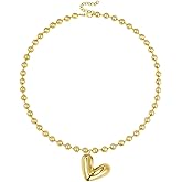 KELORIS PATH Heart Necklace for Women, 14K Gold Plated Chunky Puffy Pendant Charm Choker, Trendy Statement Ball Chain Jewelry Gifts