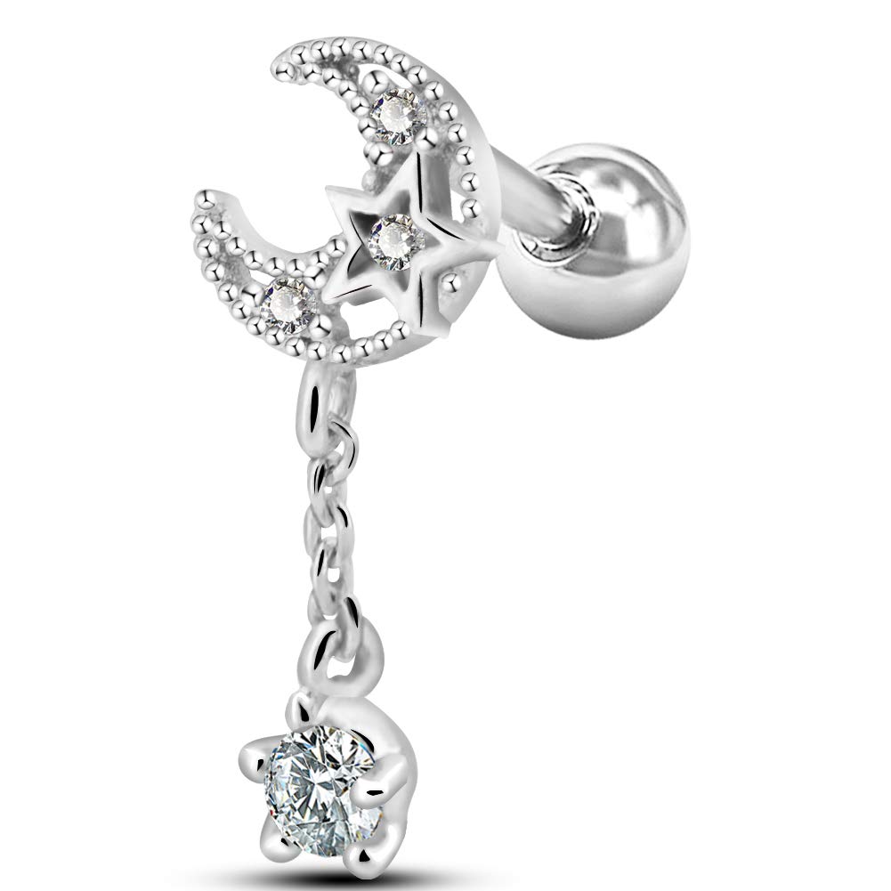 OUFER Helix Piercing Cartilage Earrings 16G 316L Stainless Steel Moon Cubic Zirconia Dangle Tragus Earrings Helix Studs Cartilage Piercing Jewellery