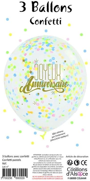 Les Cotillons D Alsace Sachet 3 Ballons Joyeux Anniversaire Confettis Pastel Default Title Amazon Fr Cuisine Maison