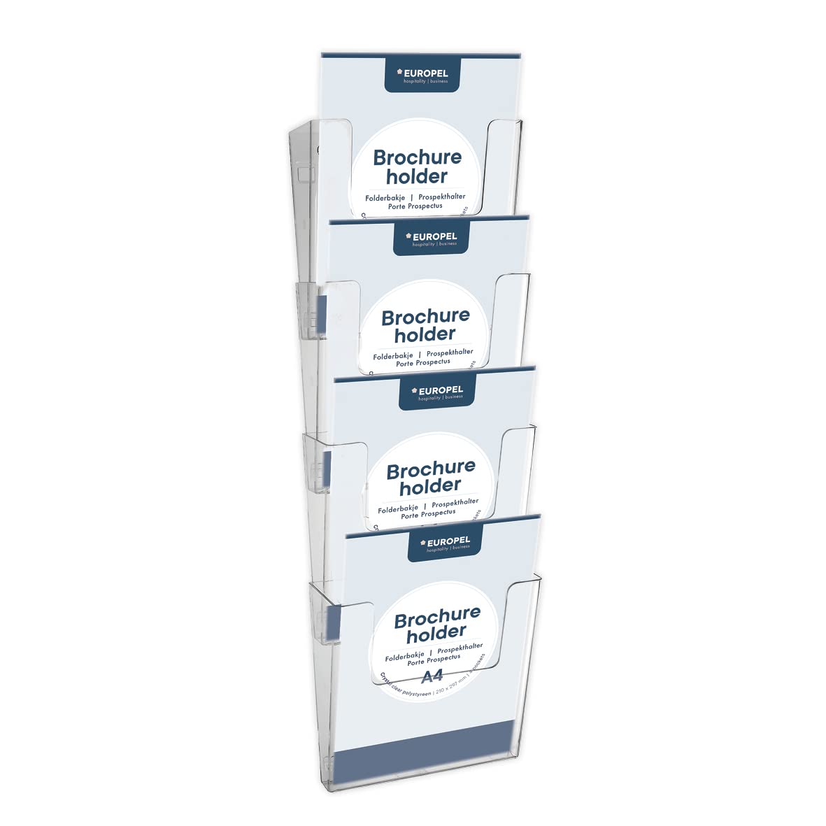 Europel-Wall Mounted Brochure Holder, Four Tier Dispenser, A4, Crystal Clear Acrylic, Connectable, Portrait, 350103.
