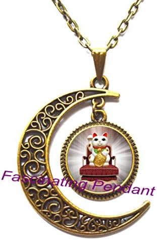 New Moon Necklace,Maneki Neko Cat Necklace, Lucky Cat Pendant, Welcoming Cat Necklace, Chinese Lucky Cat Necklace, Cat Charm,AE0133