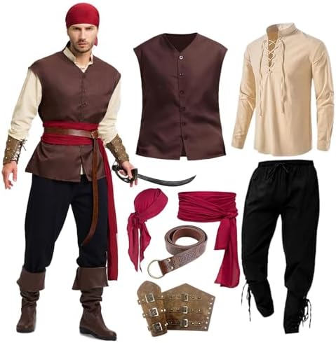 Conjunto De Ropa Medieval Para Hombre Con Camisa, Pantalones Y Accesorios | Disfraz Renacentista De Pirata Para Fiestas Y Carnaval
