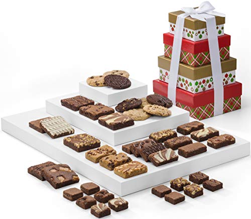 Fairytale Brownies Christmas 4-Box Tower Gourmet Chocolate Food Gift Basket - Assorted Size Brownies Plus Blondie Bars and Cookies - 41 Pieces - Item RC304