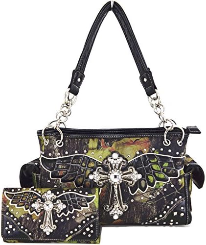 Western Cowgirl Cross Wings Camouflage Cow Purse Shoulder Bag Messenger Handbag Wallet Set Black