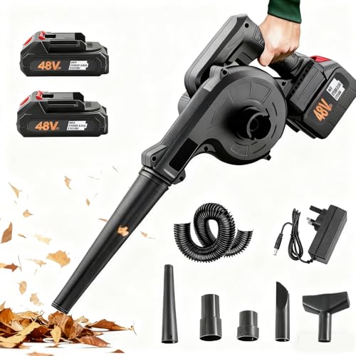 Leaf Blower Cordless with 2 Batteries&Charger,Battery Powered 2-in-1 Electric Leaf Blower,Portable Lightweight Handhold Blowers for Blowing Leaves,Patio Cleaning,Lawn Care,Car,Computer Host (Black)