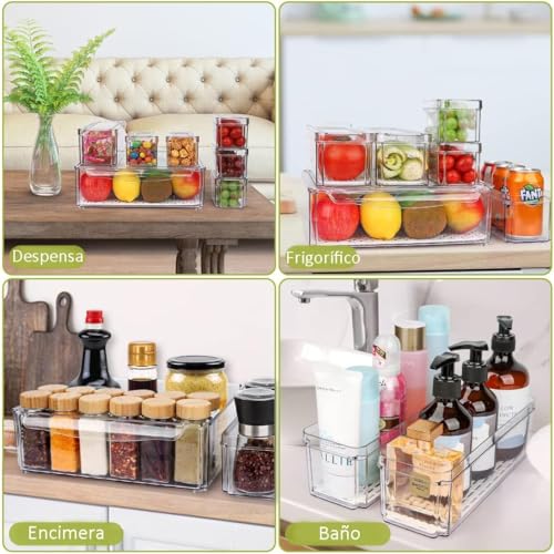 Ausein Juego de 14 Organizadores de Refrigerador, Contenedores de Acrilico de Nevera Transparentes con Tapas, Recipientes para Congelar Alimentos sin BPA para Frutas y Verduras, para Cocina