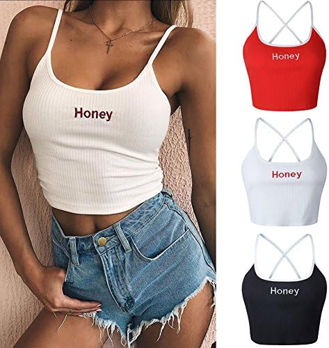 DesirePath Women's Sexy Spaghetti Strap Ribbed Knitted Rave Crop Tank Top Honey Printed Shirt For Junior Teens