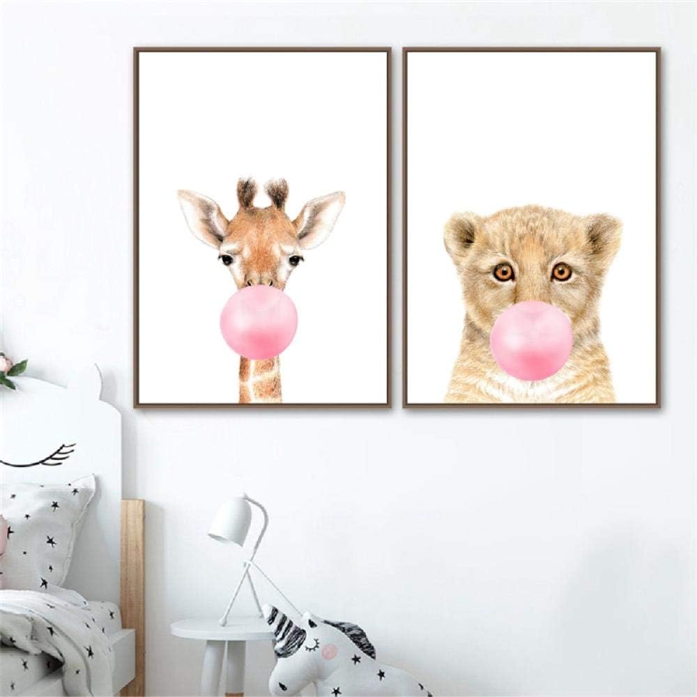 Zdfdc Safari Animaux Affiches Imprimer Bebe Animaux Zebre Elephant Girafe Lion Bubble Gum Pepiniere Decor Wall Art Fille Chambre Toile Peinture 21x30cmx4 Sans Cadre Decoration De Chambre D Enfant Ameublement Et Decoration