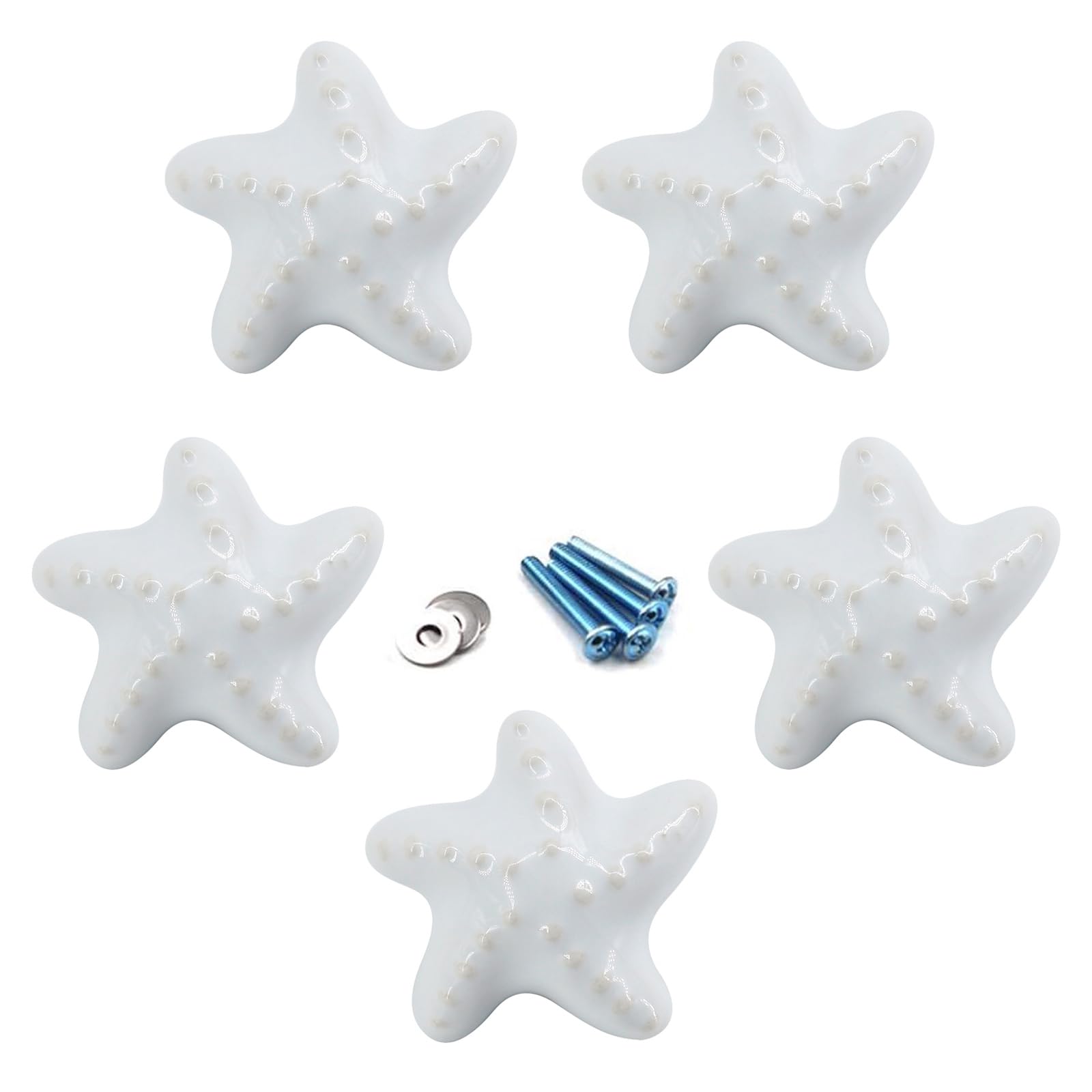 Flomore White Drawer Knob Ceramic Cabinet Knobs Kids Room Handle Pull Starfish Shape for Dresser Drawers (Pack of 5 Screws Included)
