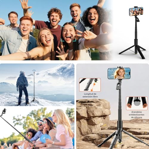 LEMONSEA Tripie para Celular 165cm, Tripode para Celular con Apertura Automática al Tocar el Suelo, Selfie Stick con Control Remoto Bluetooth, Altura Ajustable, Ideal para Fotografía y Vídeo de Viajes