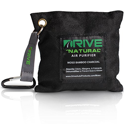 Natural Air Freshener by Drive - All Black Car Purifier is Certified Moso Bamboo Activated Charcoal 220g - Unscented Deodorizer, Drying Bag Removes Allergens & Moisture - Prevents Bacteria, Mildew