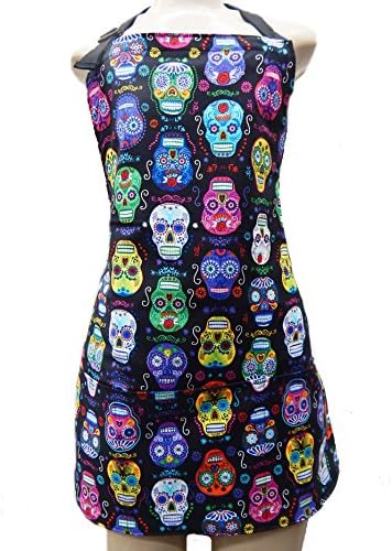 REVERSIBLE APRON WITH "SUGAR SKULLS" PATTERN, COTTON, REVERSIBLE , "2 APRONS IN 1", NEW, APR 1051
